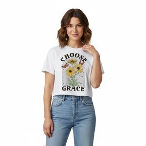 Organic Generation Choose Grace Crop Top Graphic T-Shirt Womens Small White